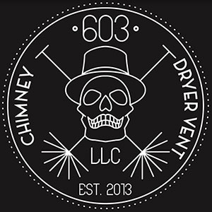 logo with skull in top hat and crossed brushes. Words read 603 Chimney Dryer Vent LLC Est 2013